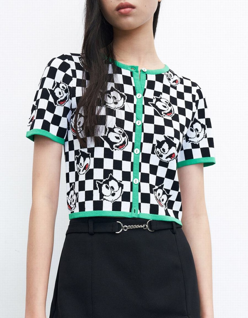 Cardigan Urban Revivo Felix The Cat Checkered Corta Sleeve Femme Noir Blanche | UQW4815JJ