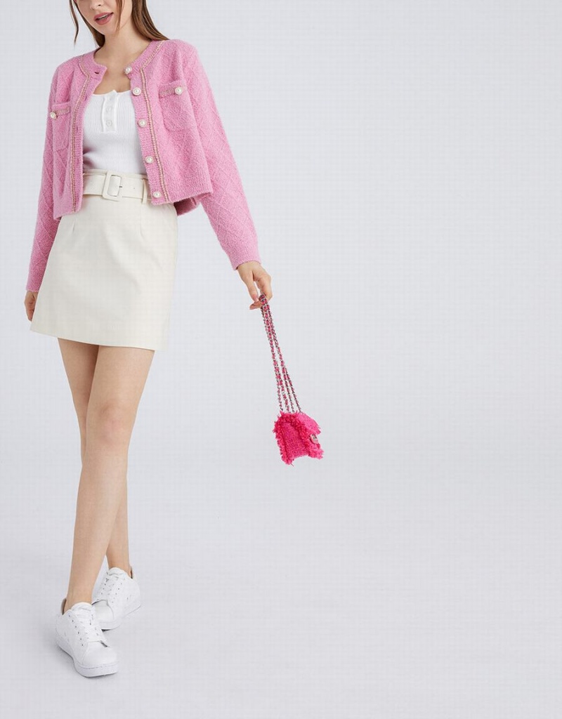 Cardigan Urban Revivo Fluffy Contrast Trim Faux Pearl Button Femme Rose | GQS4282DG