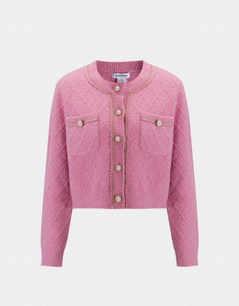 Cardigan Urban Revivo Fluffy Contrast Trim Faux Pearl Button Femme Rose | GQS4282DG