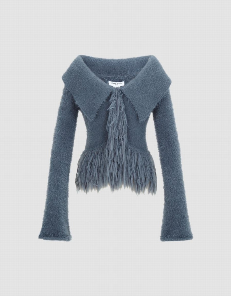 Cardigan Urban Revivo Furry Off-Shoulder Tricoté Femme Bleu | QIT8517MN
