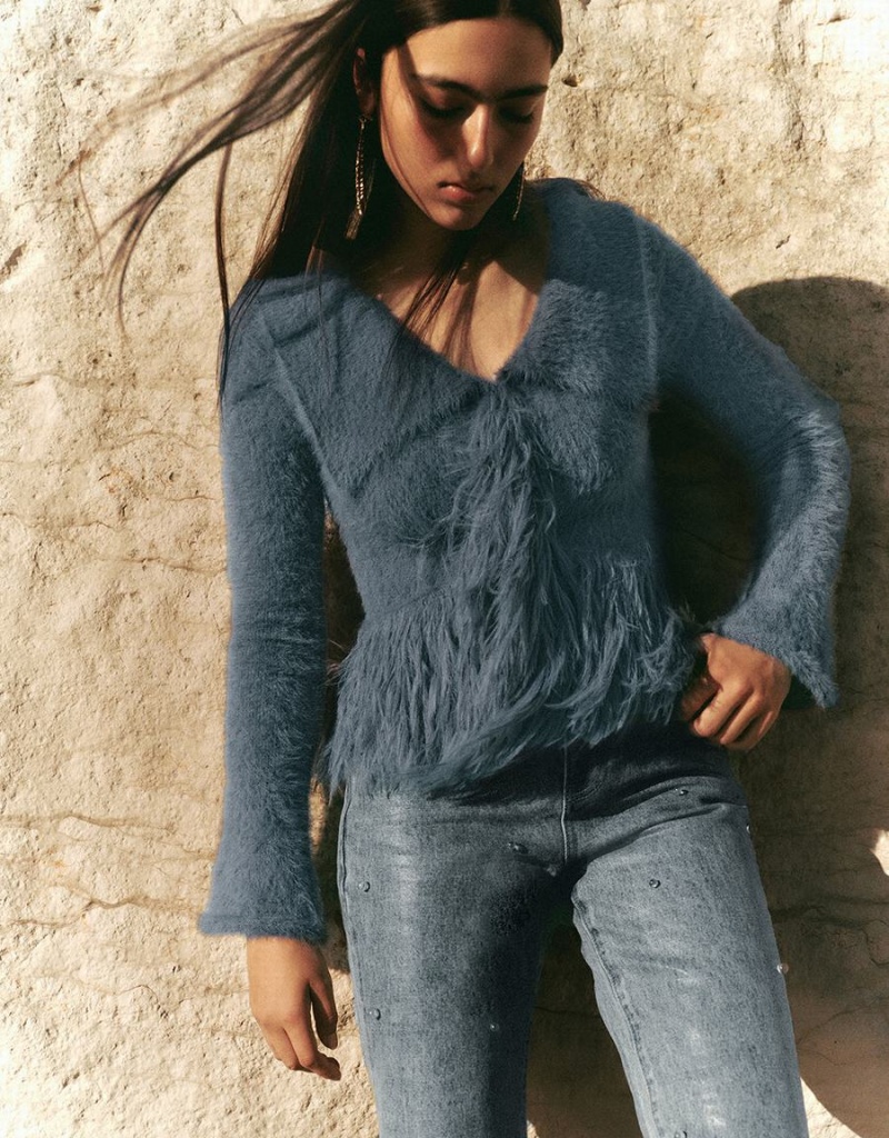 Cardigan Urban Revivo Furry Off-Shoulder Tricoté Femme Bleu | QIT8517MN