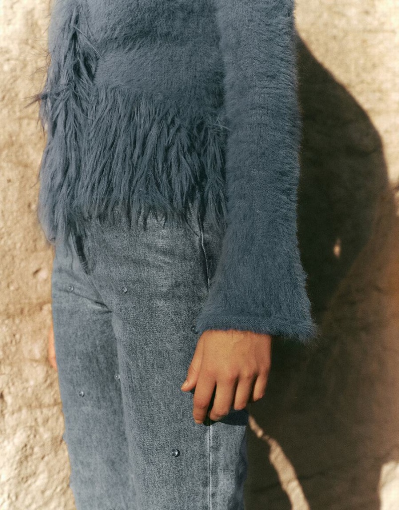 Cardigan Urban Revivo Furry Off-Shoulder Tricoté Femme Bleu | QIT8517MN