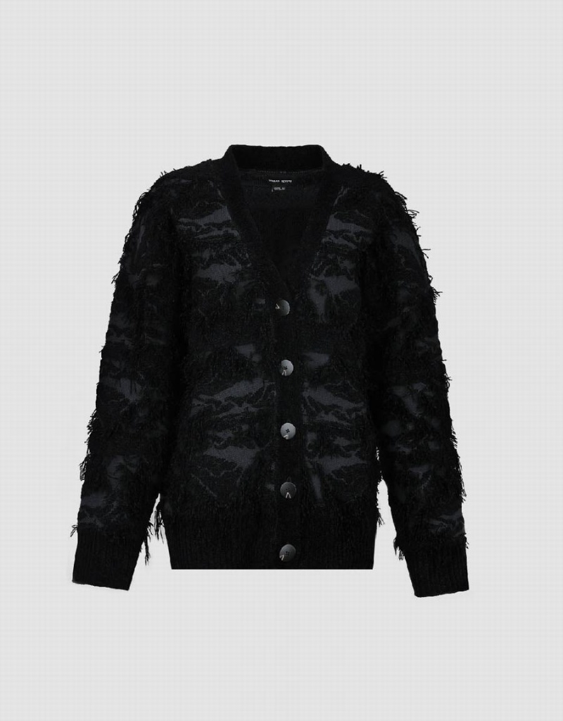 Cardigan Urban Revivo Fuzzy V-Neck Tricoté Femme Noir | PWU424DQ