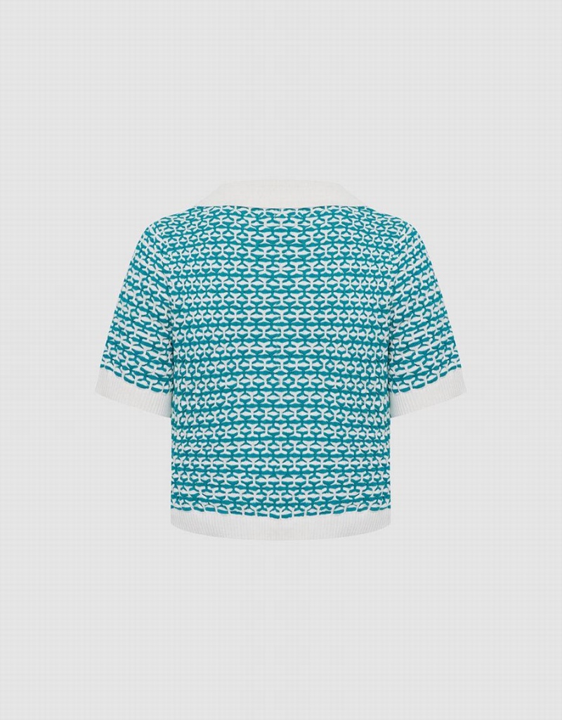 Cardigan Urban Revivo Geo Pattern Contrast Trim Tricoté Top Femme Vert | INH115ID