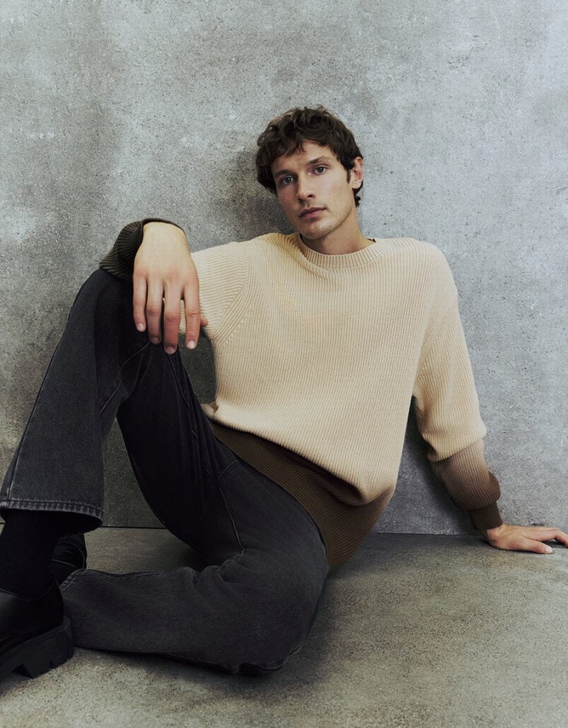 Cardigan Urban Revivo Gradient Crew Neck Tricoté Homme Beige | OOI8910NP