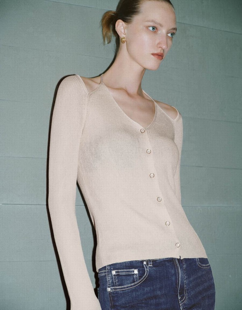 Cardigan Urban Revivo Halter Neck Raglan Sleeve Tricoté Femme Beige | QMJ7349FZ