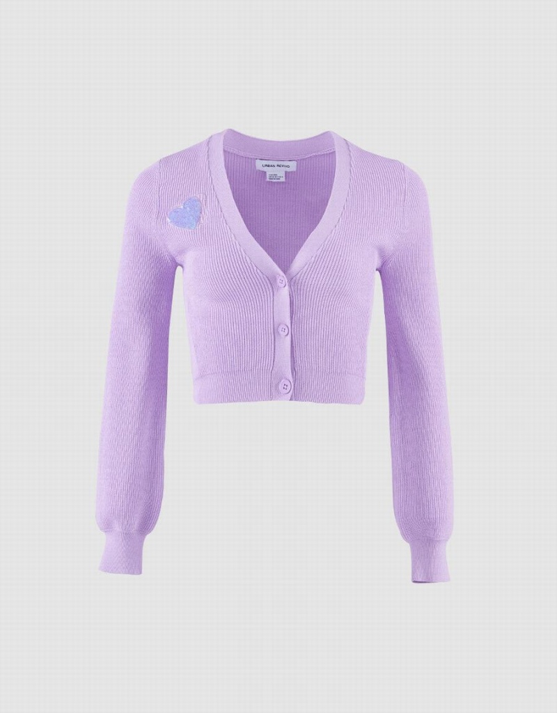 Cardigan Urban Revivo Heart Embroidery Nervuré Knit Femme Violette | WKB3886AU