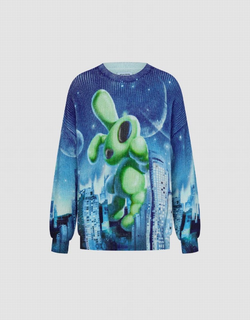 Cardigan Urban Revivo Interstellar Bunny Printed Tricoté Homme Bleu Vert | FSC7987SZ