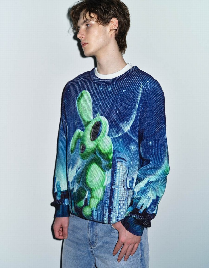 Cardigan Urban Revivo Interstellar Bunny Printed Tricoté Homme Bleu Vert | FSC7987SZ