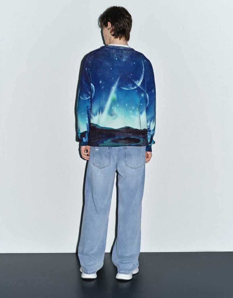 Cardigan Urban Revivo Interstellar Bunny Printed Tricoté Homme Bleu Vert | FSC7987SZ