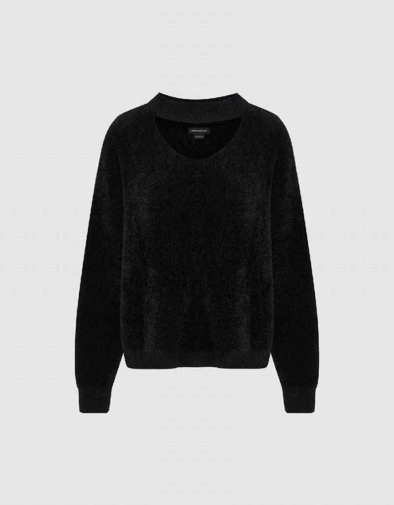 Cardigan Urban Revivo Keyhole Neck Furry Tricoté Femme Noir | UDK4064EE