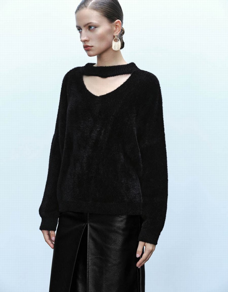Cardigan Urban Revivo Keyhole Neck Furry Tricoté Femme Noir | UDK4064EE