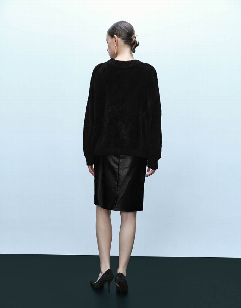 Cardigan Urban Revivo Keyhole Neck Furry Tricoté Femme Noir | UDK4064EE