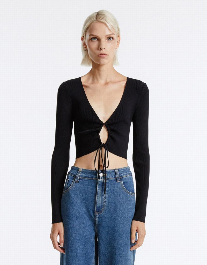 Cardigan Urban Revivo Knit Top With Ring Detail Femme Noir | DEI7826XX