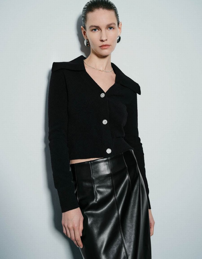 Cardigan Urban Revivo Lapel Droit Tricoté Femme Noir | LOA715UB