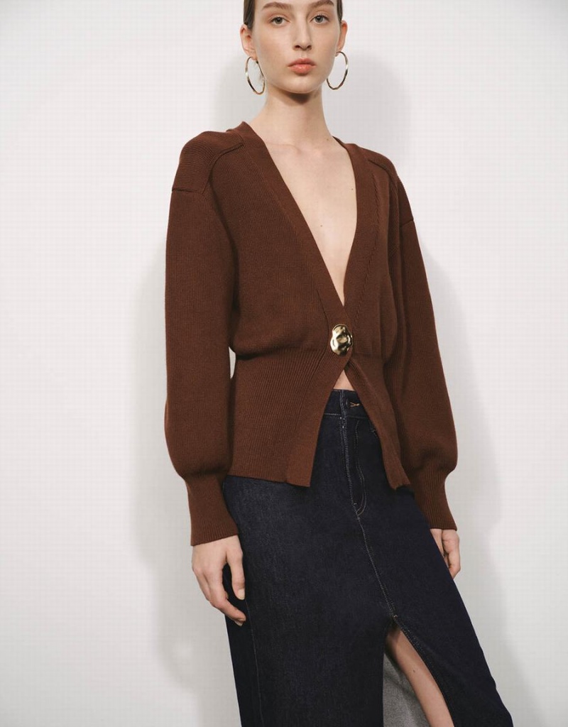 Cardigan Urban Revivo Leaf Shape Button Tricoté Femme Marron | OLV3039QI