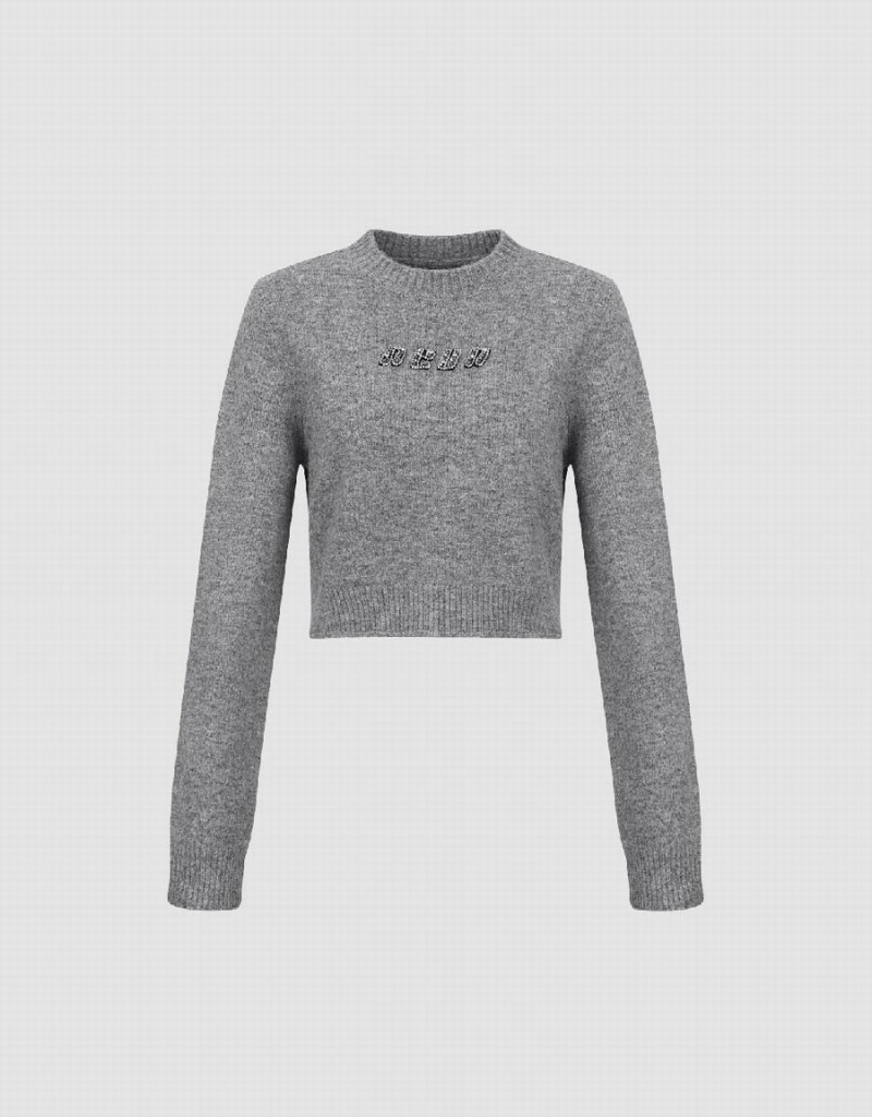 Cardigan Urban Revivo Letter Embossed Crew Neck Tricoté Femme Grise | OYI2768ZU