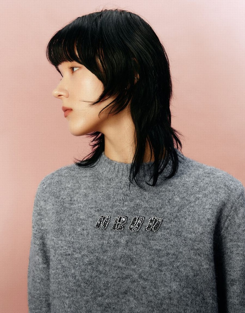 Cardigan Urban Revivo Letter Embossed Crew Neck Tricoté Femme Grise | OYI2768ZU