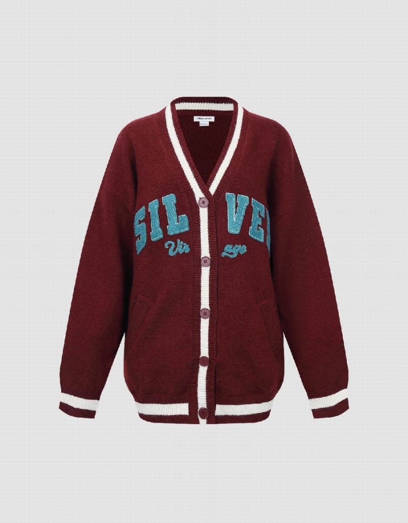 Cardigan Urban Revivo Letter Embroidered V-Neck Tricoté Femme Rouge | EBV10085UX