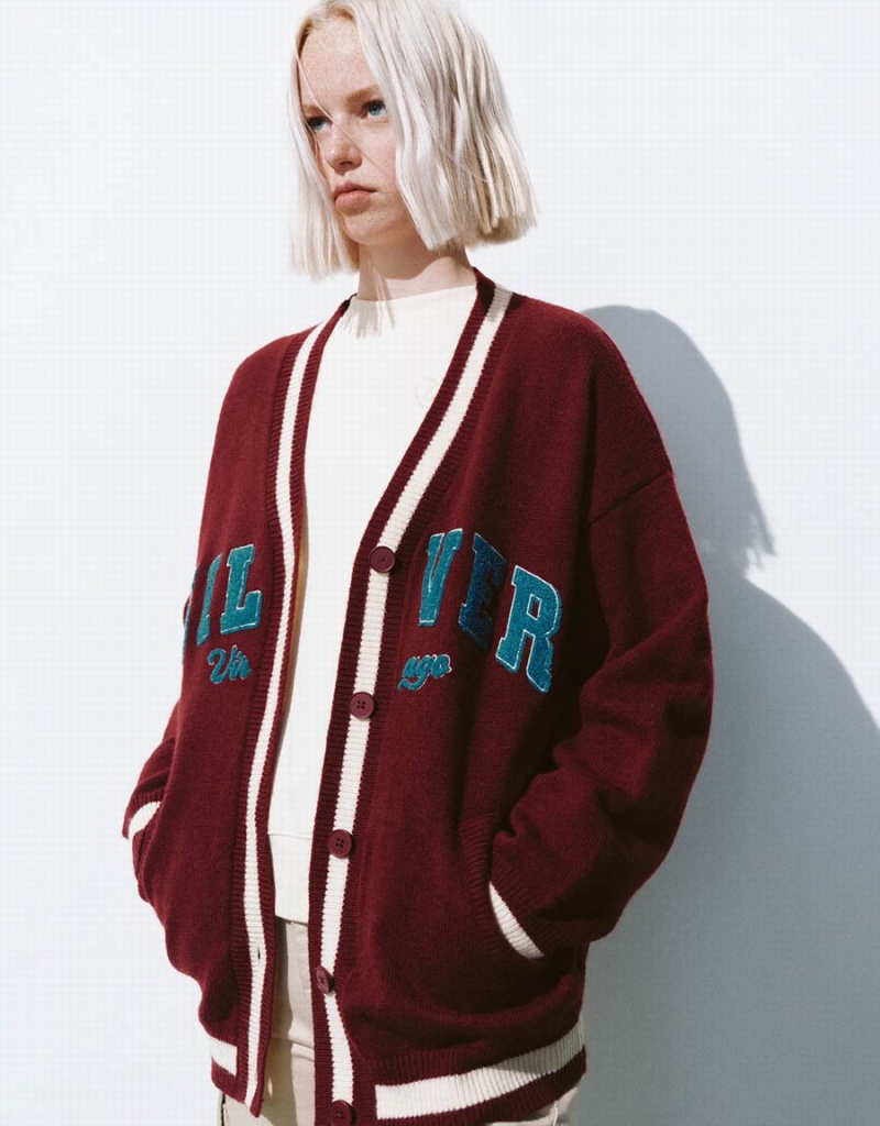 Cardigan Urban Revivo Letter Embroidered V-Neck Tricoté Femme Rouge | EBV10085UX