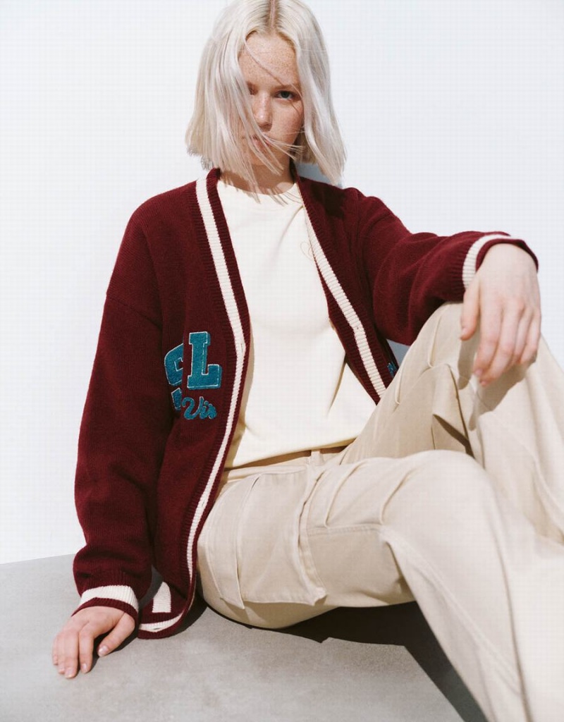 Cardigan Urban Revivo Letter Embroidered V-Neck Tricoté Femme Rouge | EBV10085UX