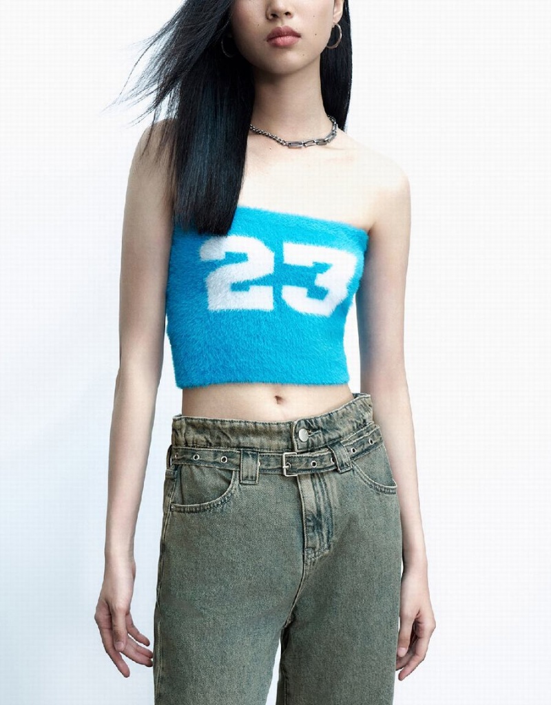 Cardigan Urban Revivo Letter Embroidered Tricoté Top Femme Bleu | RSR5219YR