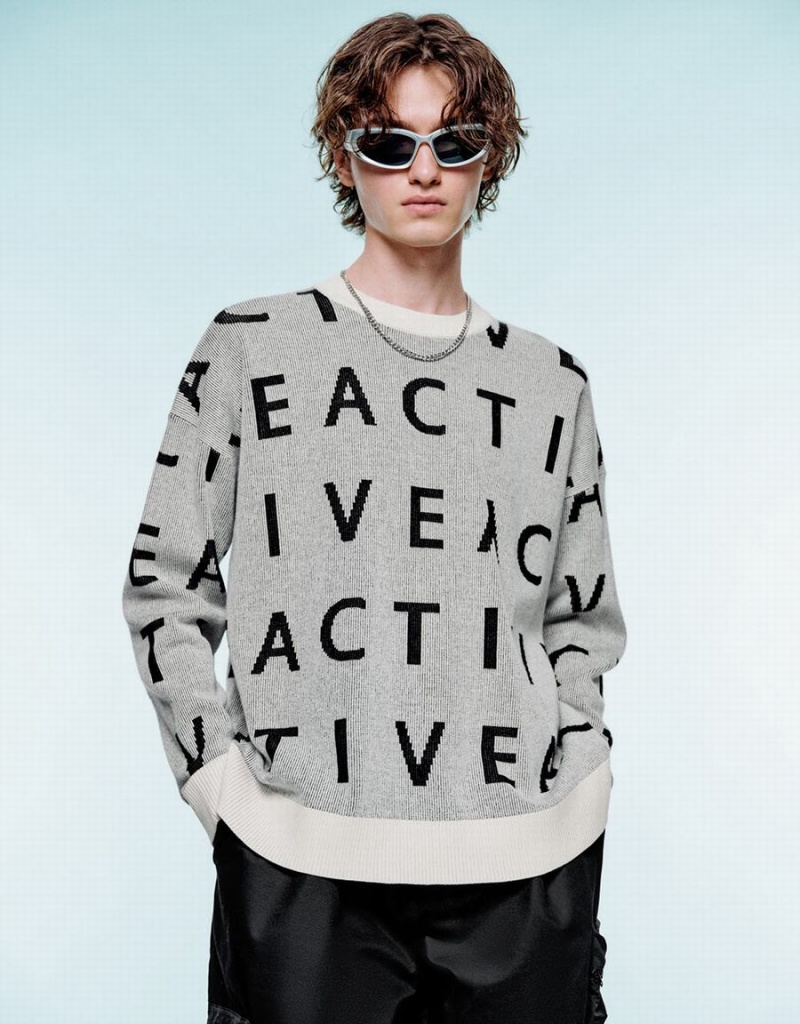 Cardigan Urban Revivo Letter Embroidered Tricoté Homme Grise Clair | IZA4988WX