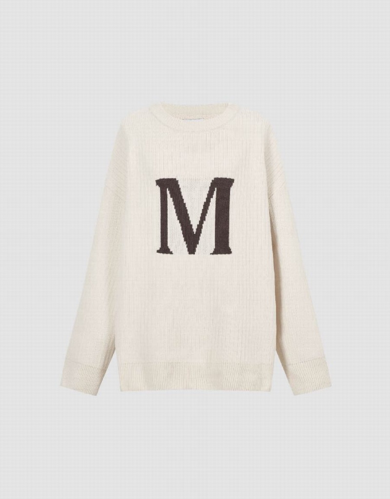 Cardigan Urban Revivo Letter Printed Crew Neck Tricoté Femme Blanche | WZW6139RI