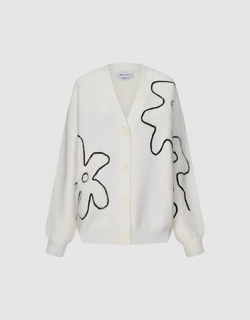 Cardigan Urban Revivo Linear Flower V-Neck Tricoté Femme Blanche | KSL5197JE