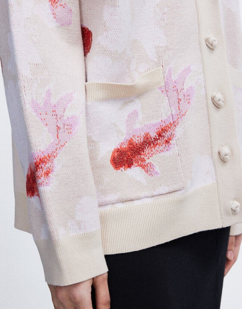 Cardigan Urban Revivo Lucky Fish Jacquard V Neck Femme Beige Rouge | MOD8426RA