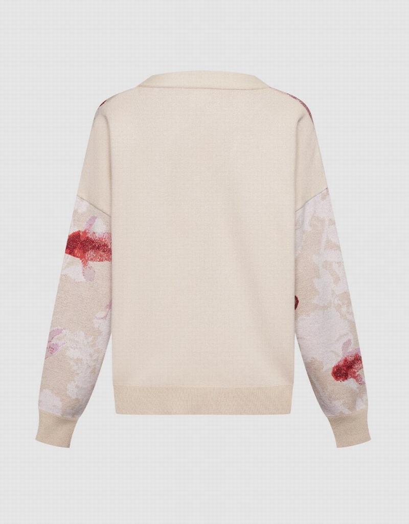 Cardigan Urban Revivo Lucky Fish Jacquard V Neck Femme Beige Rouge | MOD8426RA