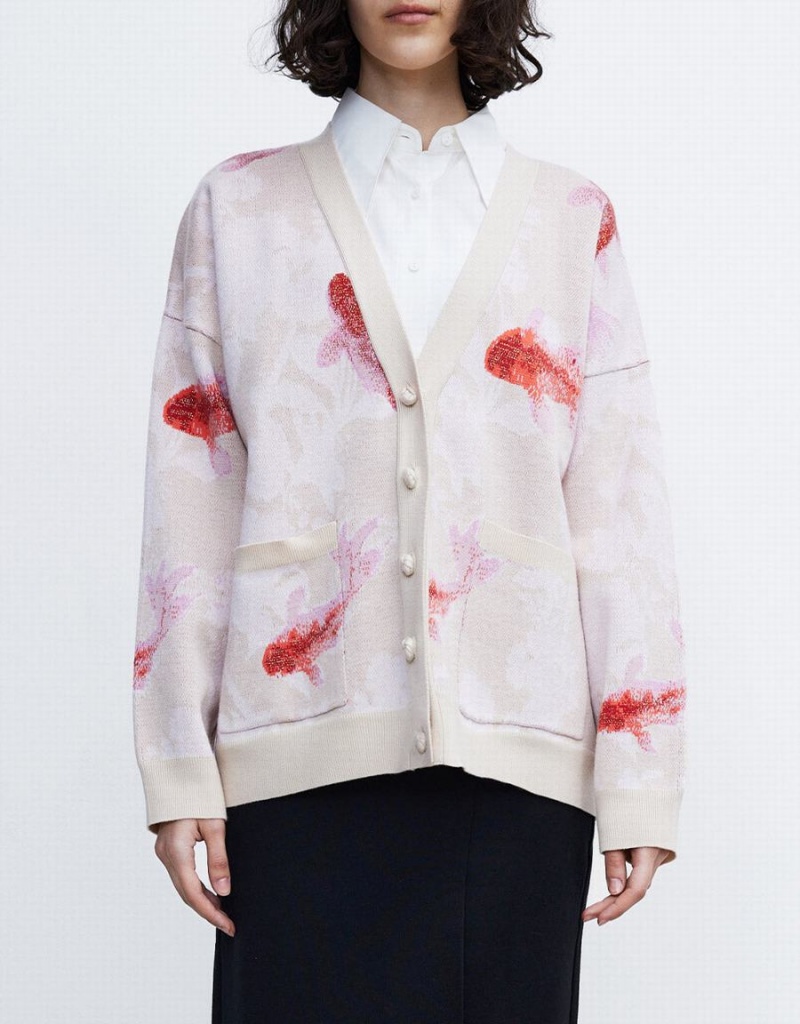 Cardigan Urban Revivo Lucky Fish Jacquard V Neck Femme Beige Rouge | MOD8426RA