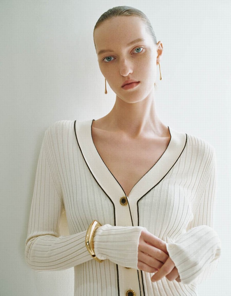 Cardigan Urban Revivo Mince V-Neck Tricoté Femme Blanche | ULE874NJ