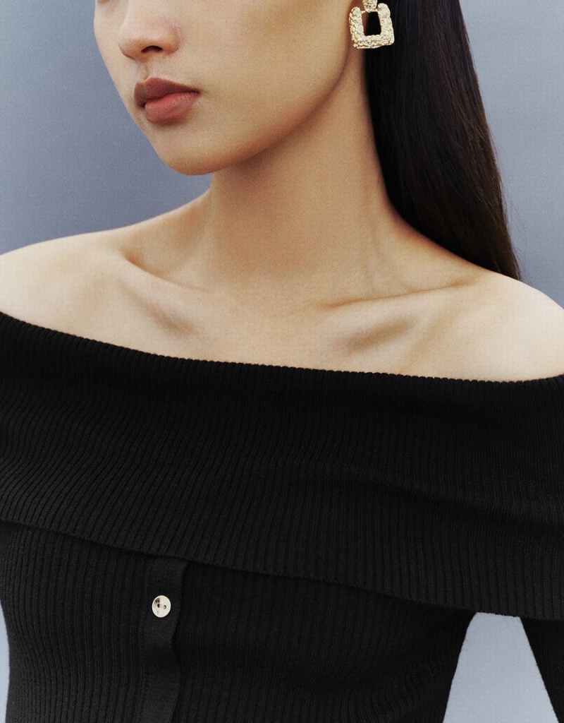 Cardigan Urban Revivo Off-Shoulder Mince Tricoté Femme Noir | WER3117JO