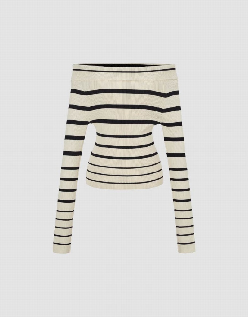 Cardigan Urban Revivo Off-Shoulder Rayé Tricoté Femme Noir | EQT5086QI