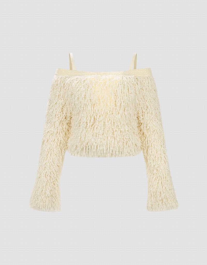 Cardigan Urban Revivo Off-Shoulder Tricoté Mince Femme Blanche | IMF6477IL