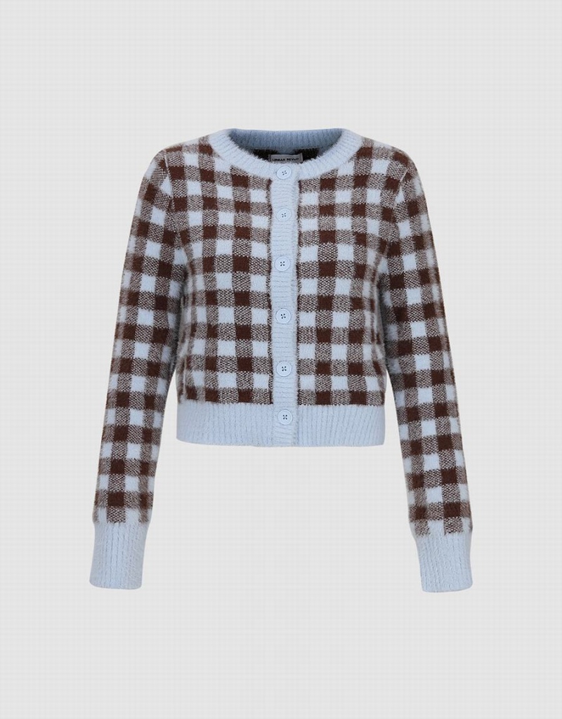 Cardigan Urban Revivo Plaid Crew Neck Tricoté Femme Marron | UZX3825HD