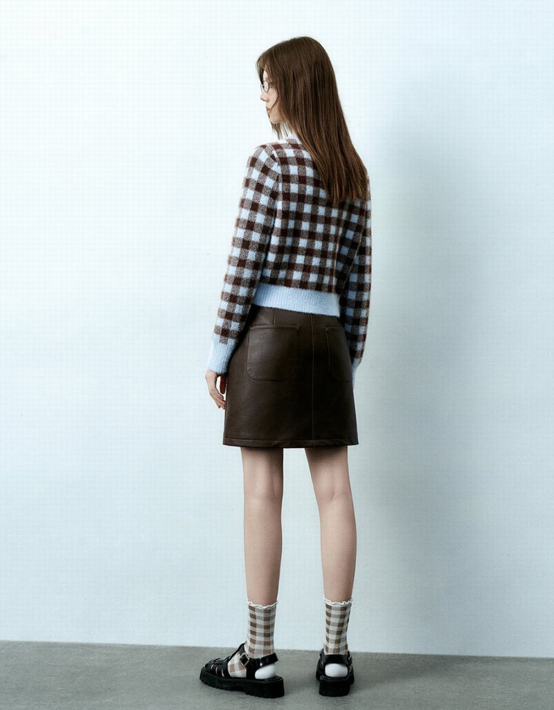 Cardigan Urban Revivo Plaid Crew Neck Tricoté Femme Marron | UZX3825HD