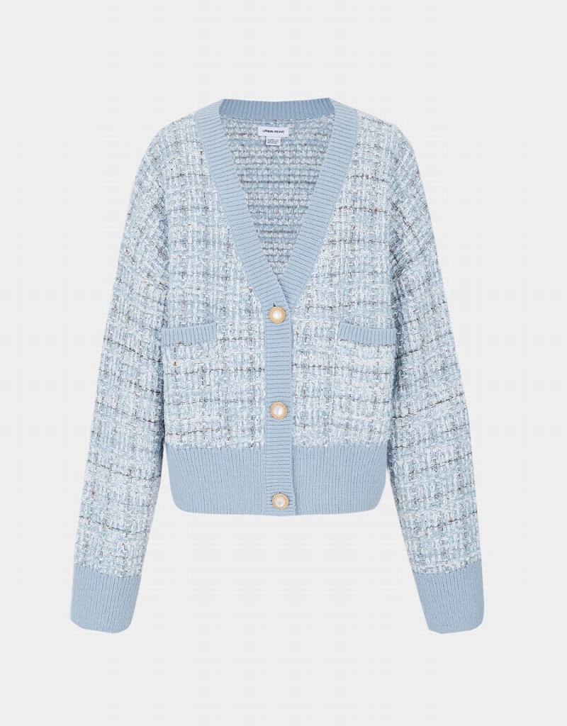 Cardigan Urban Revivo Pocket Tweed Plaid Femme Bleu Clair | YOA7264PF