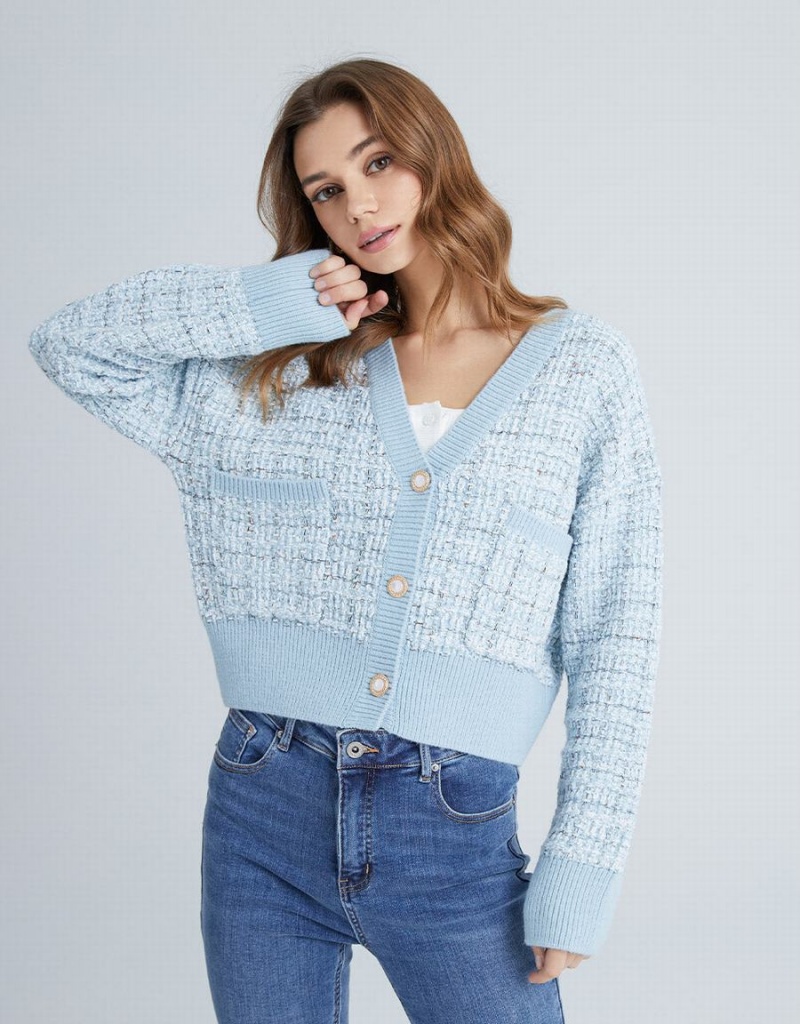 Cardigan Urban Revivo Pocket Tweed Plaid Femme Bleu Clair | YOA7264PF