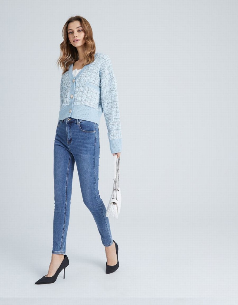Cardigan Urban Revivo Pocket Tweed Plaid Femme Bleu Clair | YOA7264PF