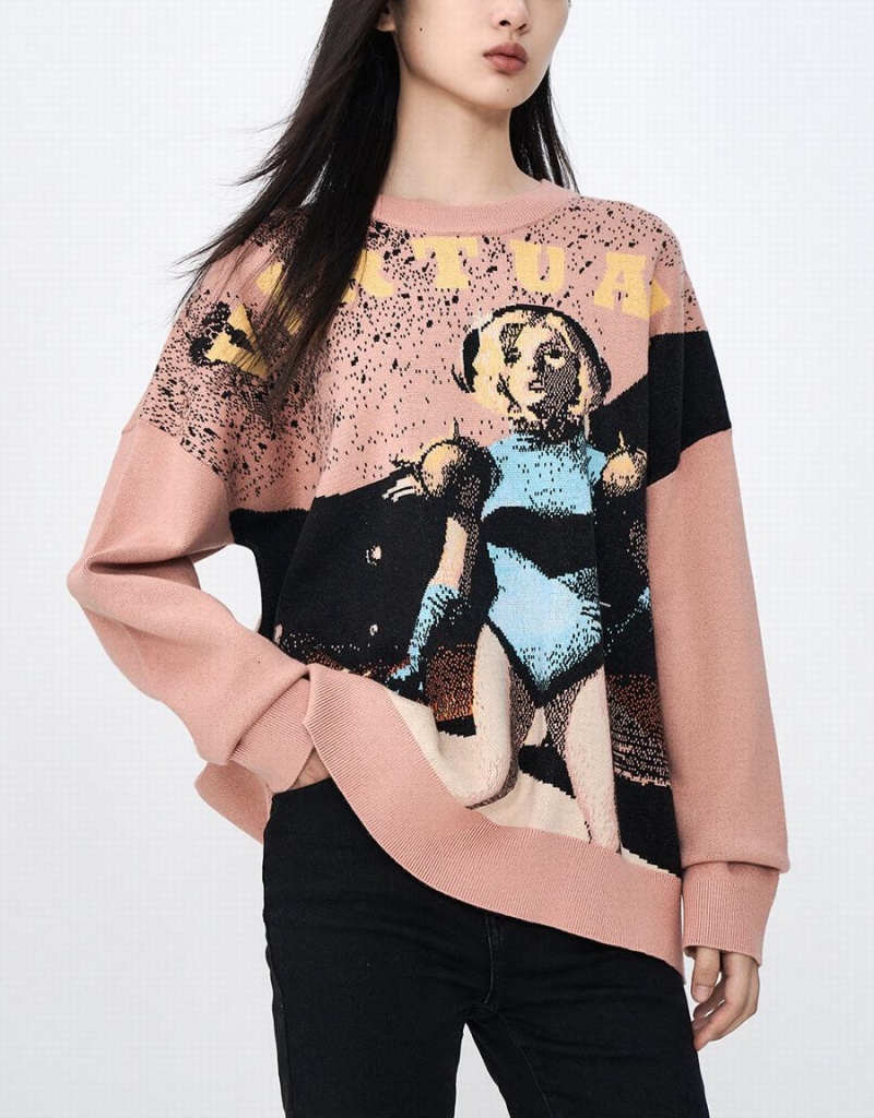 Cardigan Urban Revivo Printed Crew Neck Tricoté Femme Rose Multicolore | THR6124EN