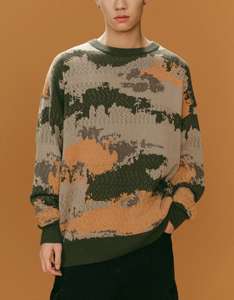 Cardigan Urban Revivo Printed Crew Neck Tricoté Homme Kaki Vert | GMV2437XF
