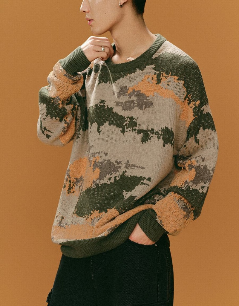 Cardigan Urban Revivo Printed Crew Neck Tricoté Homme Kaki Vert | GMV2437XF