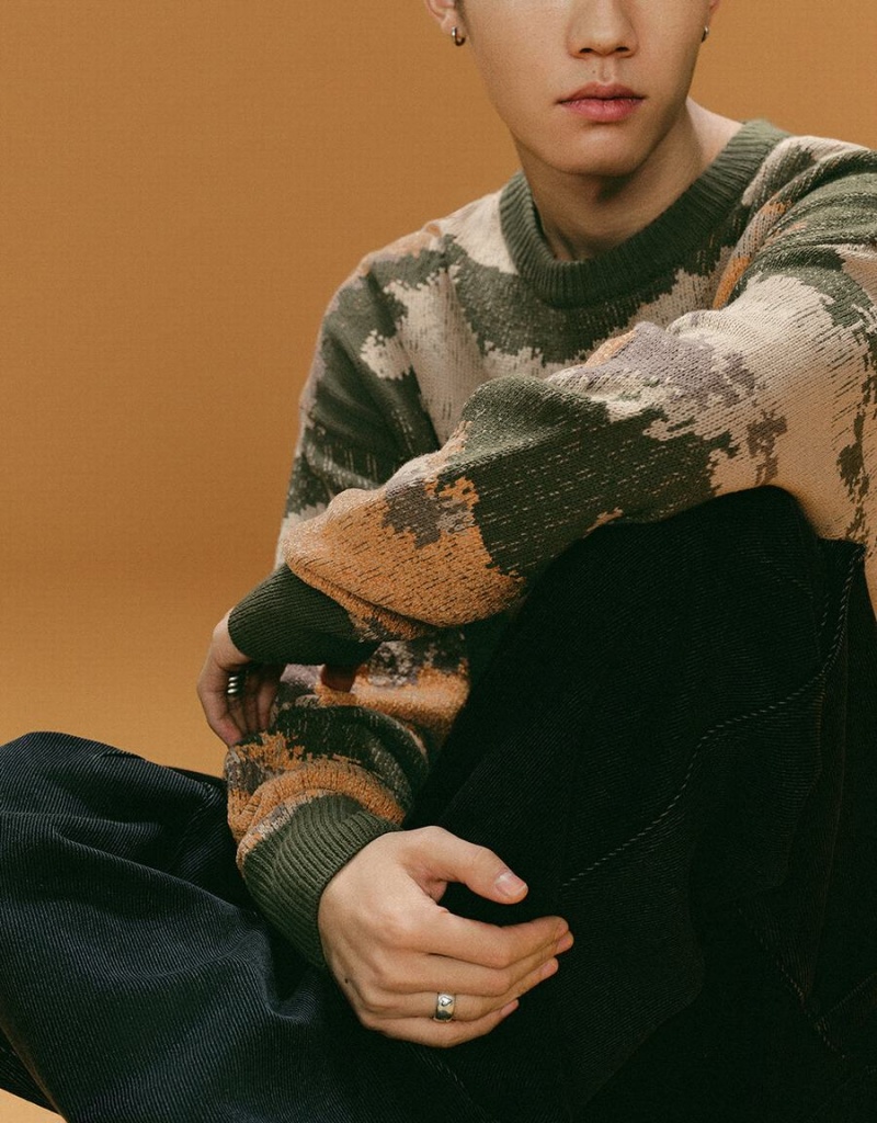 Cardigan Urban Revivo Printed Crew Neck Tricoté Homme Kaki Vert | GMV2437XF