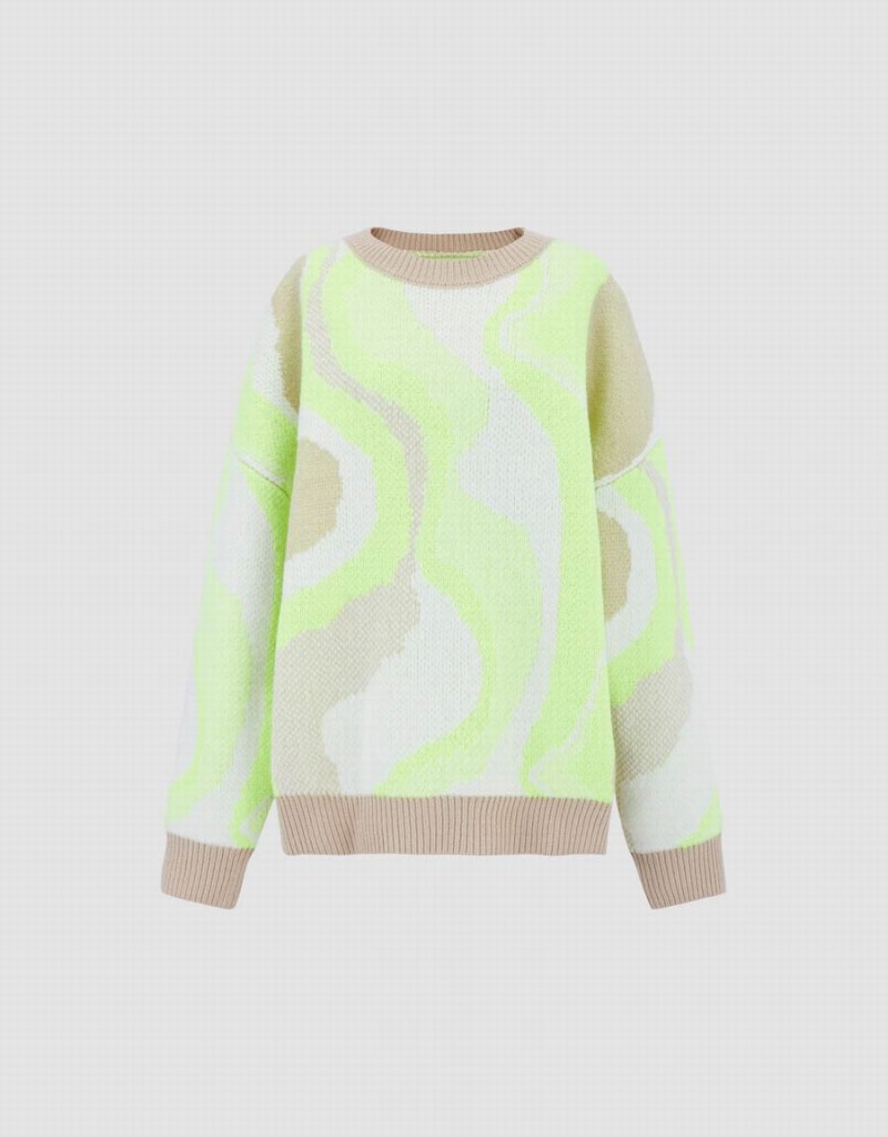 Cardigan Urban Revivo Printed Crew Neck Tricoté Femme Vert Blanche | GNL7373QK