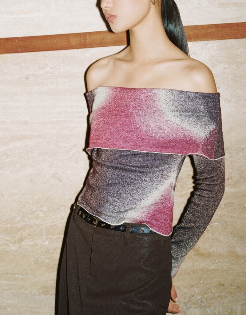 Cardigan Urban Revivo Printed Off-Shoulder Tricoté Femme Multicolore | ETC3376KM