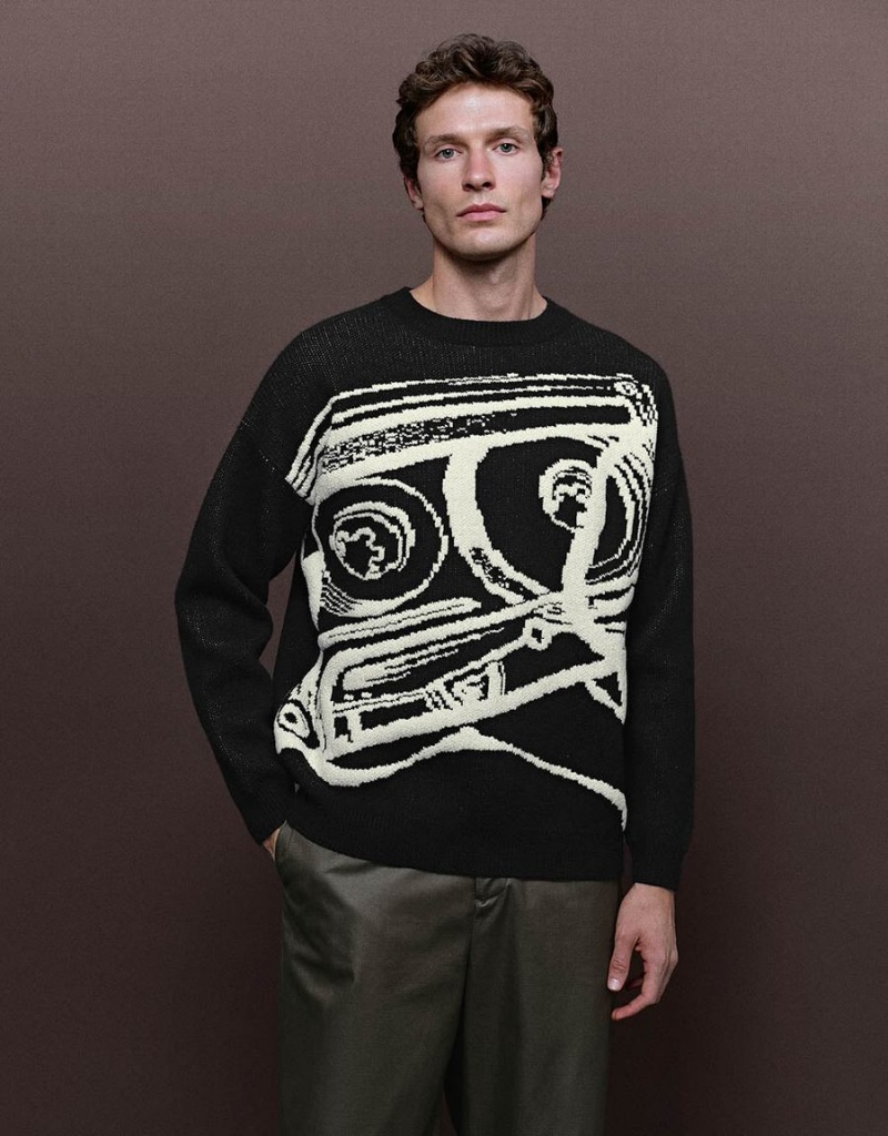 Cardigan Urban Revivo Printed Tricoté Homme Noir | SHS6228PR