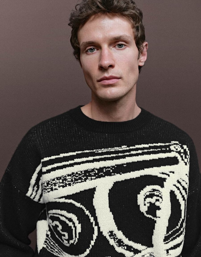 Cardigan Urban Revivo Printed Tricoté Homme Noir | SHS6228PR