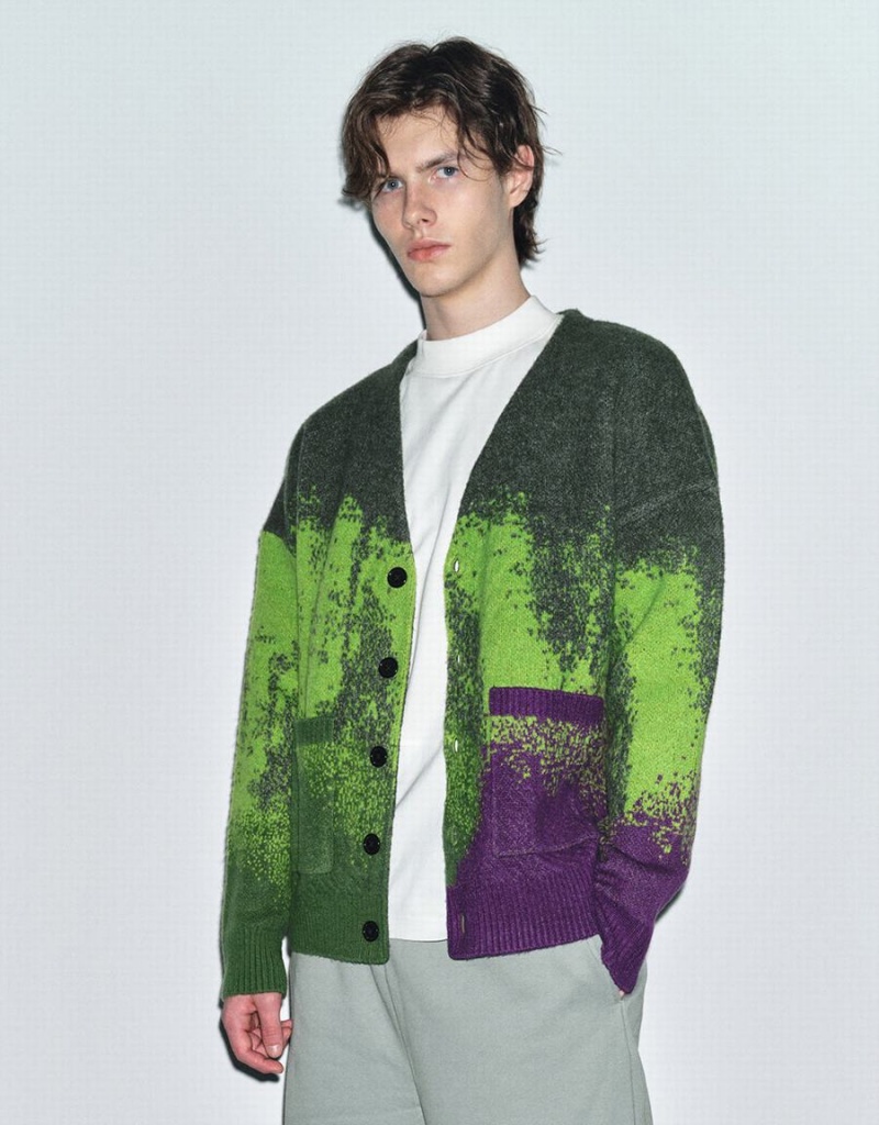 Cardigan Urban Revivo Printed Tricoté Homme Vert Violette | VNB4323LG